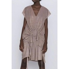 ZARA Tan Cap Sleeve Ruffle Tiered Dress Women’s S Lined Boho Lagenlook EUC