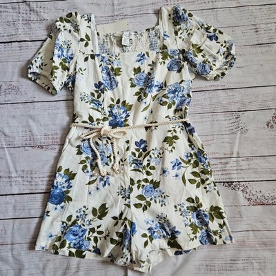 Calypso St. Barth Linen Blend White Blue Floral Romper Womens US 8 NWT