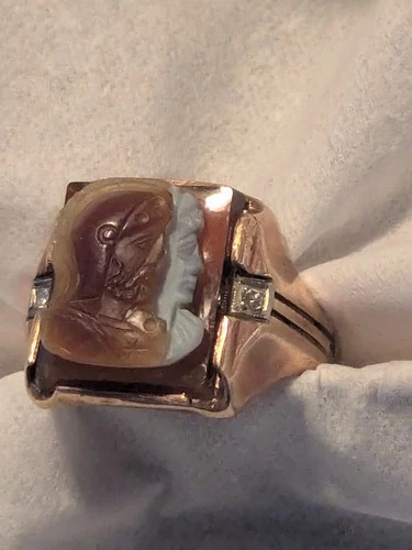 Vintage Antique Art Deco Gold Two Face Roman Soldier Cameo Ring Size 9 Jewelry