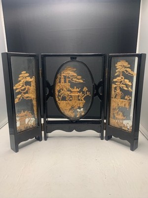Vintage Chinese Cork Carving 3 Panel Tabletop Bird Trees Art Black Laquer