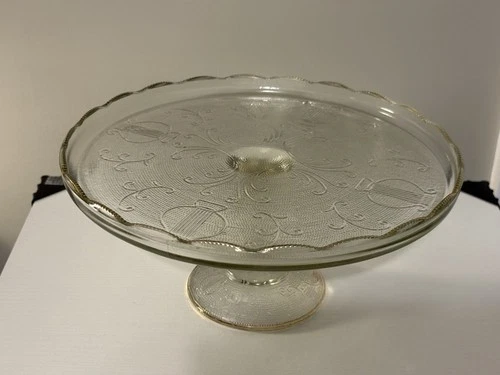 Vintage Jeanette Glass Harp Lyre Gold Scalloped Rim Pedestal Cake Display Stand