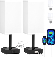 White Touch Table Lamps Set of 2 Dimmable Bedside Lamps USB C A 2 AC Outlet Pair