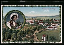 CPA Château-Salins /Lothringen, vue partielle avec l'Église, femme en costume t 