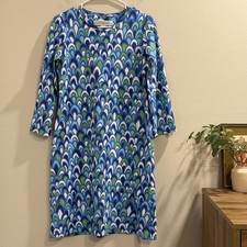 Lesley Evers Medium Blue Green Retro Print Shift Dress 3/4 Sleeve Mod Stretch