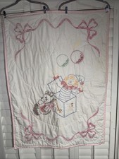 Vintage Hand Embroidered Baby Quilt Cross Stitch Jack in the Box Teddy Bear Pink