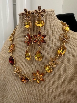 Oscar de la Renta goldfarbene Blumen Farbstein Halskette Ohrringe Set