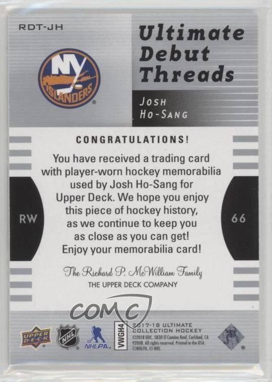 2017 Ultimate Collection 2007-08 Retro Debut Threads /99 Josh Ho-Sang Rookie RC - Image 2 of 2