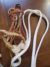Leather w/Braided Nose Loping Hackamore Training Bridle Cotton Reins NEW!