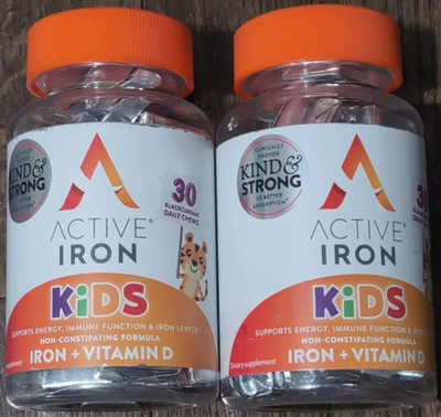 2 PACK Active Iron Kids 7mg Iron Supplements for Kids + Vitamin D 30 Chews