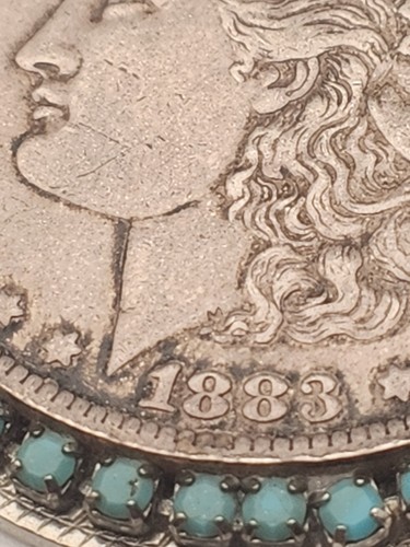 1883 American Morgan .900 Silver Dollar Turquoise Bezel Pendant - Picture 4 of 8