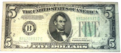 1934 D $5 BANCONOTA RISERVA FEDERALE SIGILLO VERDE B 84208937 C