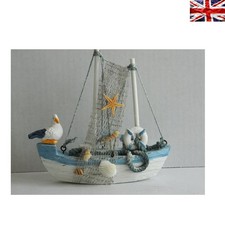 Charming Blue and White Wooden Boat Figurine - Nautical Home Decoration