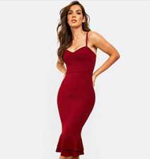 boohoo Red Sweetheart Strappy Bodycon Midi Dress Ruffle Hem UK 10