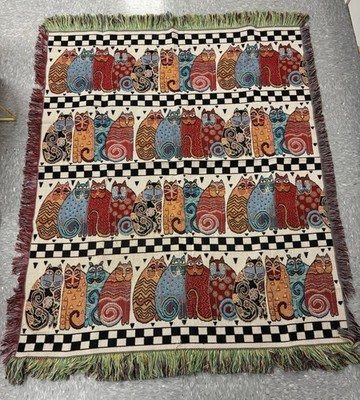 Laurel Burch Cat Throw Blanket Tapestry Feline Family Fringe Acrylic 2006 Vtg