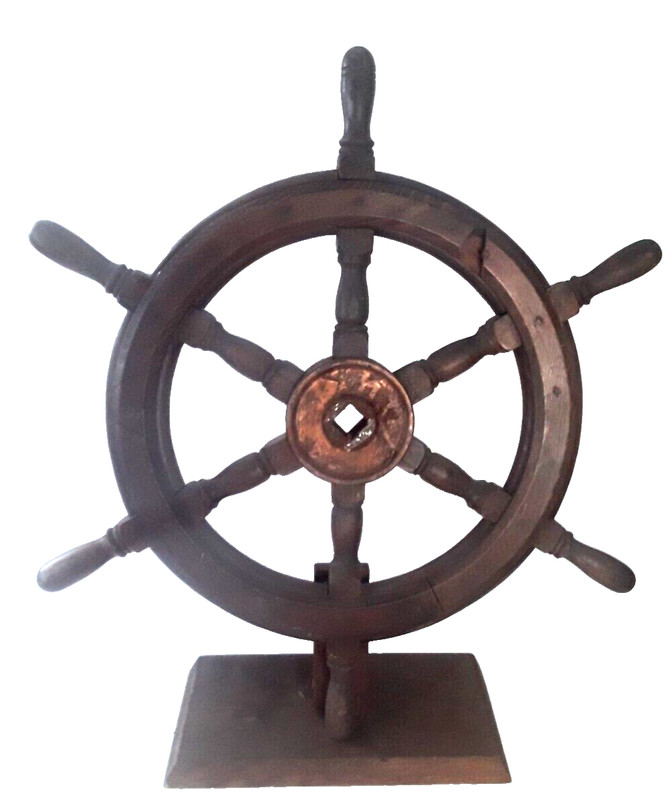 Vintage Wood Ship Steering Wheel Brass With Base Nautical 23'' Inches