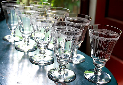 Vtg Set 8 MORGANTOWN NEEDLE ETCHED Wine Glasses OPTIC/VERTICAL STRIPES c1910