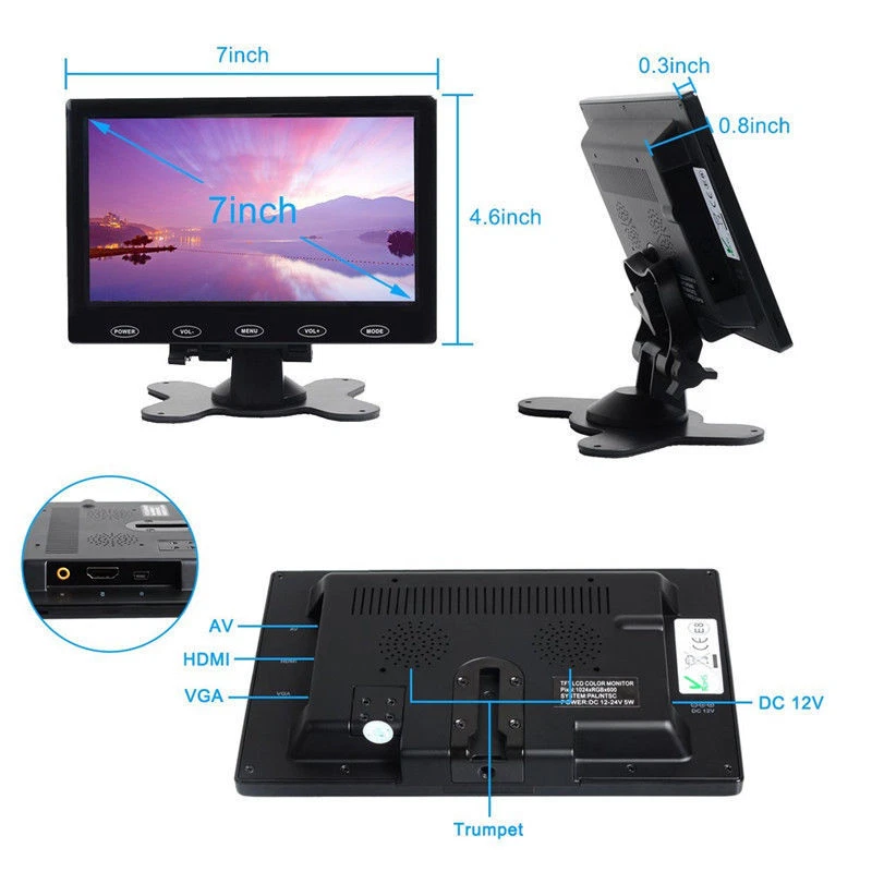 Mini 7" LCD CCTV PC Monitor Screen HD 1024*600 AV/RCA VGA HDMI 1080P w/ Speaker - Image 4 of 4