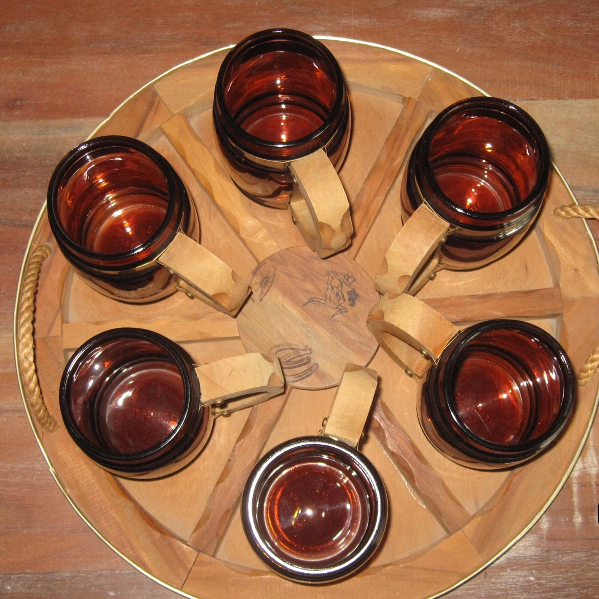 Vintage Siesta Ware Cowboy Western Bar Glasses Wood Caddy Set 6 Wagon Wheel Tray