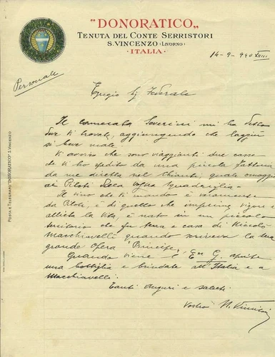 DONORATORY LETTER ESTATE OF COUNT SERRISTORI S. VINCENZO