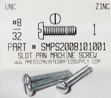 #8-32x1 Pan Head Slotted Machine Screws Steel Zinc Plated (100)
