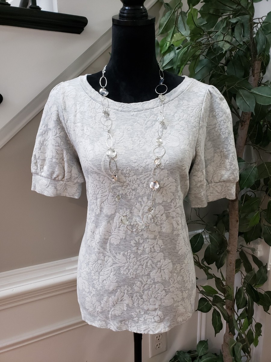 LOFT Womens White Floral Cotton Casual Round Neck Short Sleeve Top Blouse  Medium