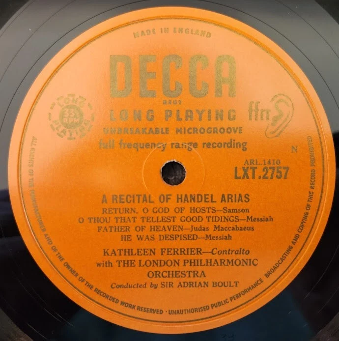 RARE! Kathleen Ferrier A Recital of Bach & Handel Arias 1960 England LXT-2757 - Image 4 of 4