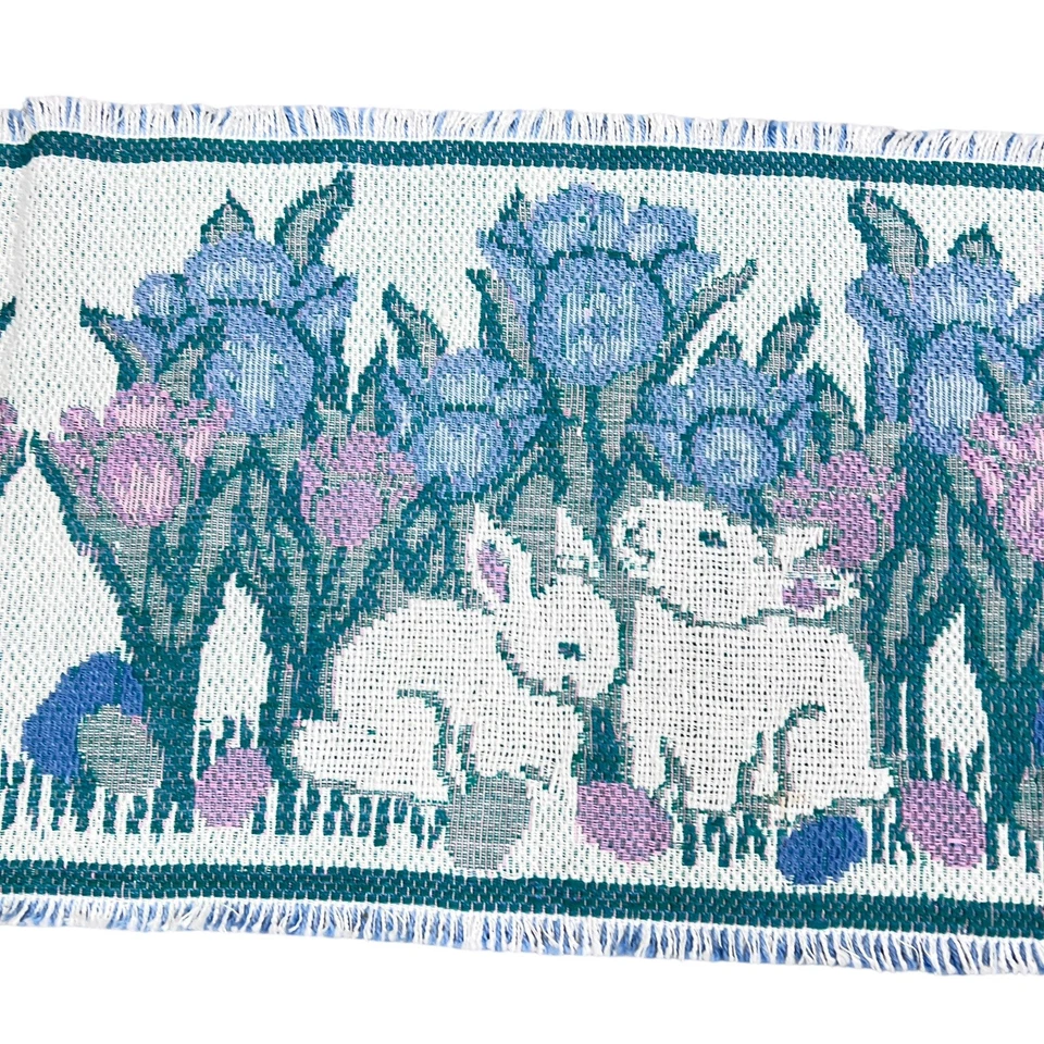 Vintage Easter Spring Tapestry Table Runner White Pink Blue Bunny Cottagecore - Image 4 of 4