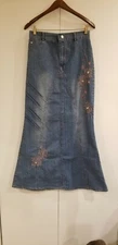 M A G Fashion Floral  Jewelred Vintage  Boho Maxi Jean Skirt (Waist 30")