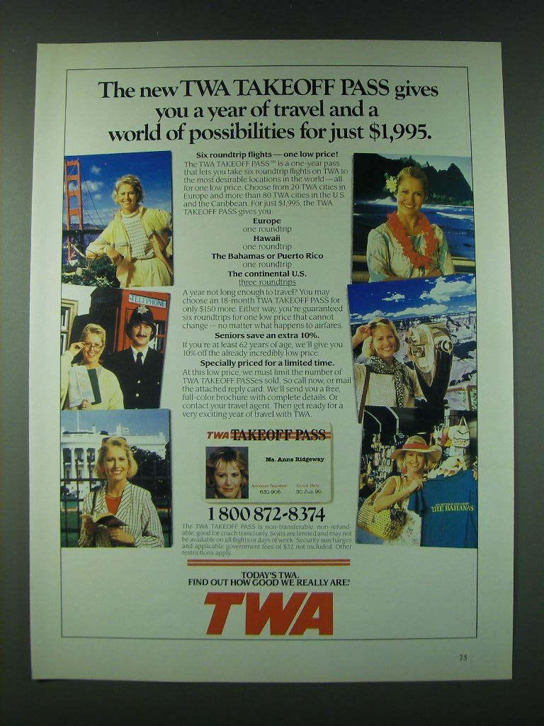 洋書 Airline transport pilot AD & FN QB 1989s 1989 TWA Airlines Ad - The new TWA takeoff pass gives you a