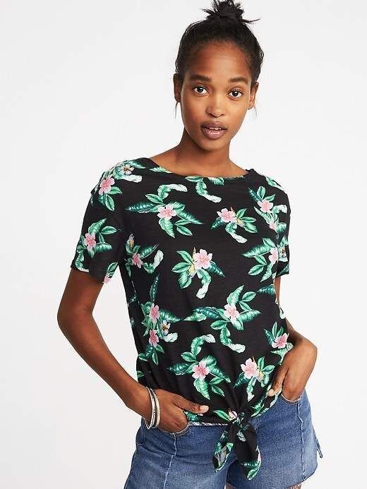 New relaxed tie front jersey black floral top for women Size M