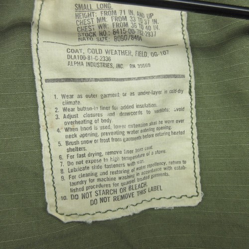 VTG Alpha Industries Jacket Mens Small Long Green Cold Weater Field Coat OG-107 - Picture 16 of 20