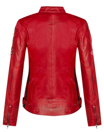 Womens Red Leather Biker Jacket Retro Casual Zipped Racing Moto Badges - Picture 3 of 6