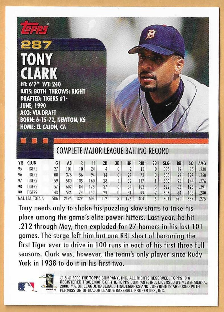 TONY CLARK DETROIT TIGERS #287 - TOPPS NM-MT 2000 | eBay