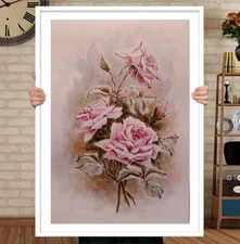 Original Artworks Painting Flowers VINTAGE DUSTY PINK ROSES Floral Arts Gift A4
