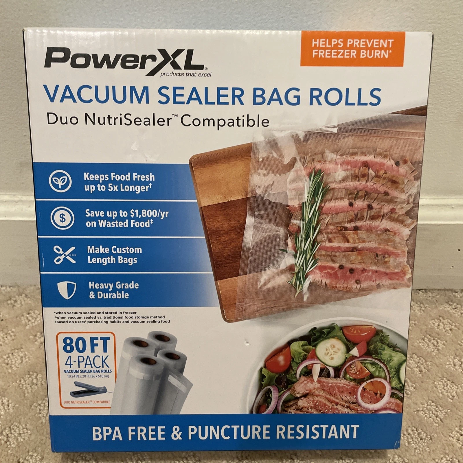 PowerXL Duo Nutrisealer Vacuum Sealer Bag Rolls, 4 Pack, 80 Ft Total, Wide