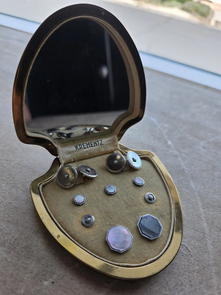 Juego de gemelos y tachuelas vintage Krementz de 9 piezas madreperla Art Deco Foto 2 de 4