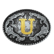 Western Belt Buckle, Initial Letter U Cowboy Belt Buckle, Vintage Silver