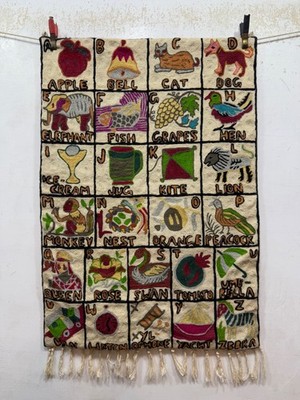 Vintage Beautiful Hand Wool Embroidered Kashmiri ABC Alphabet Tapestry Rug 83x58
