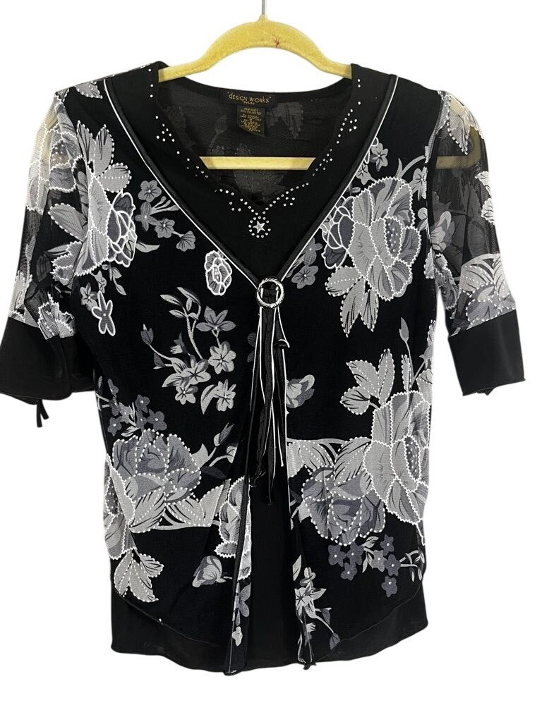 Y2K Floral Mesh Top Black PS Rhinestone Skater Grunge Festival Fairy Whimsical