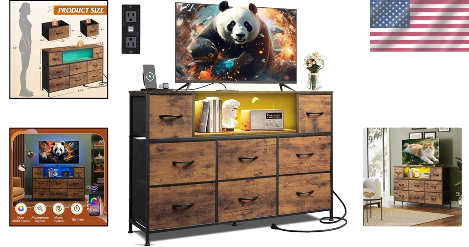 Soporte TV de 55 pulgadas con luces LED y almacenamiento marrón rústico Foto 2 de 4