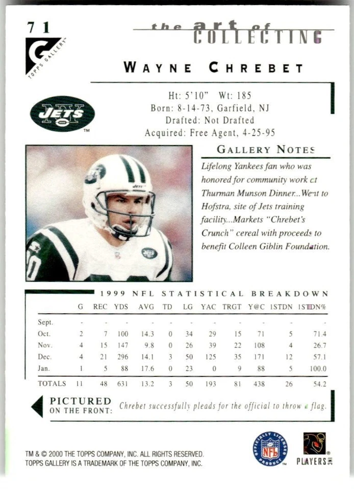 2000 Topps Gallery #71 Wayne Chrebet - Image 2 of 2