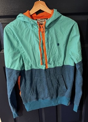 HoodieBuddie Super Tech Hoodie Anorak Teal Blue Orange Built-In Earbuds S