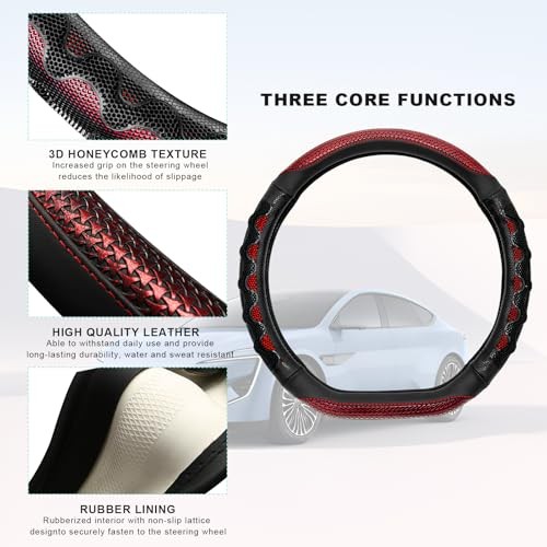 Car Steering Wheel Cover, Anti-Slip Breathable Steering Wheel Protector Red - Picture 4 of 7