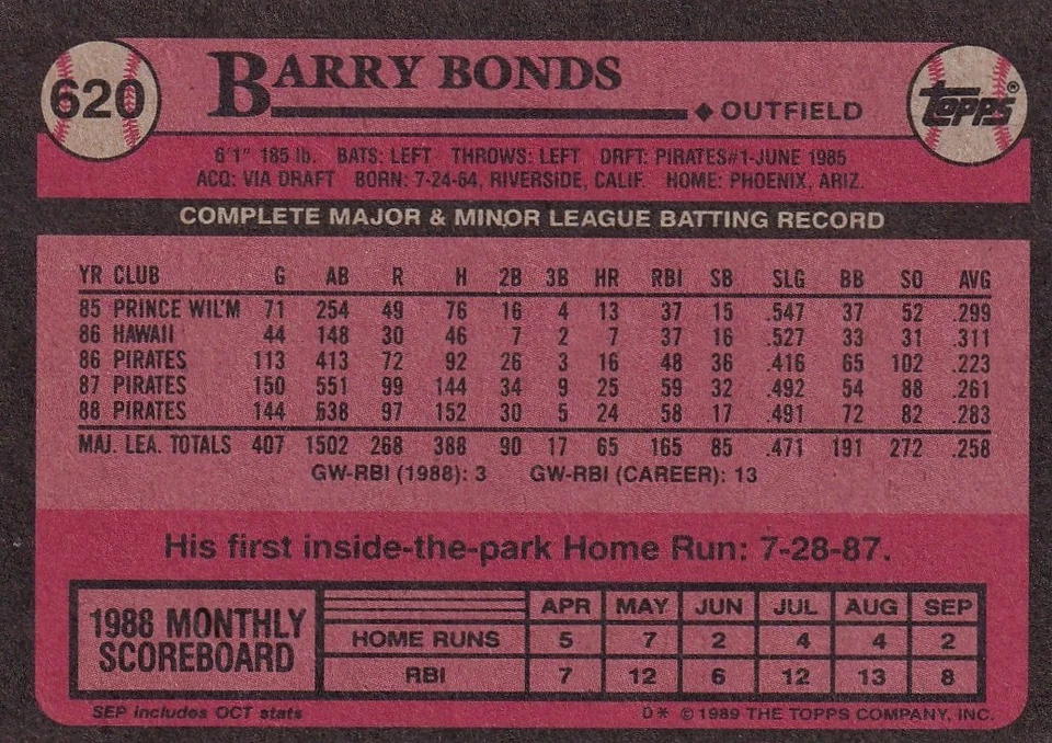 1989 Topps #620 Barry Bonds Pittsburgh Pirates Foto 2 de 2