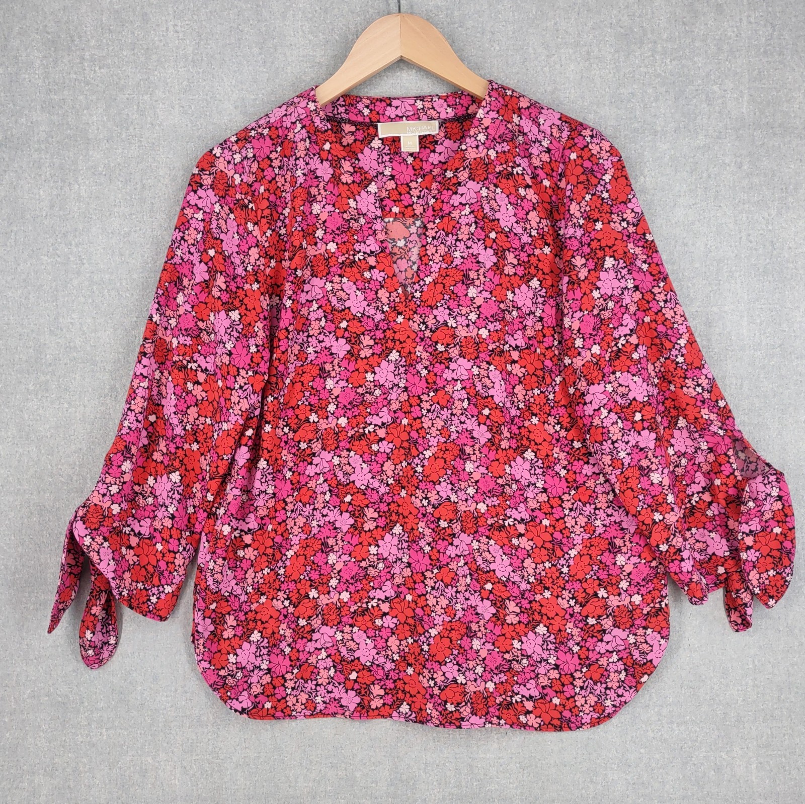 Michael Kors Blouse Womens Medium Pink Red Floral Top 3/4 Tie Sleeve Pullover