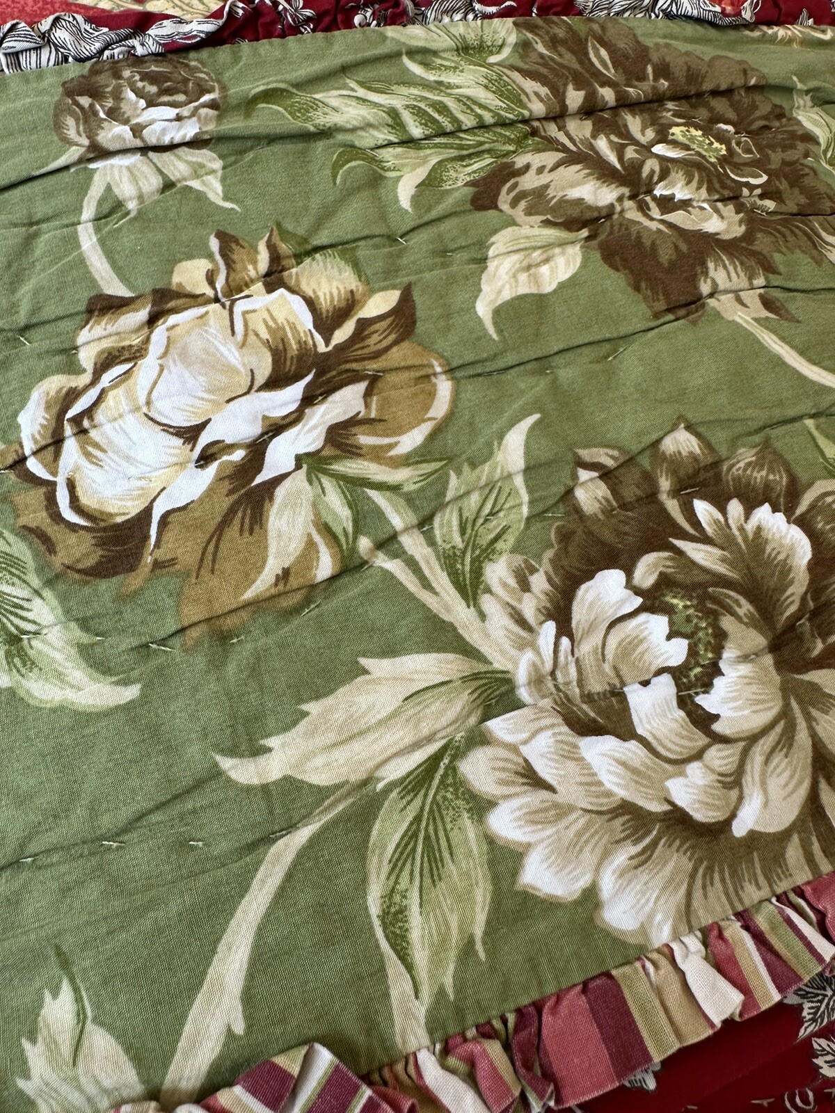 King 4pc Patchwork Quilt Sham Set Hand Quilted Cotton Red Green