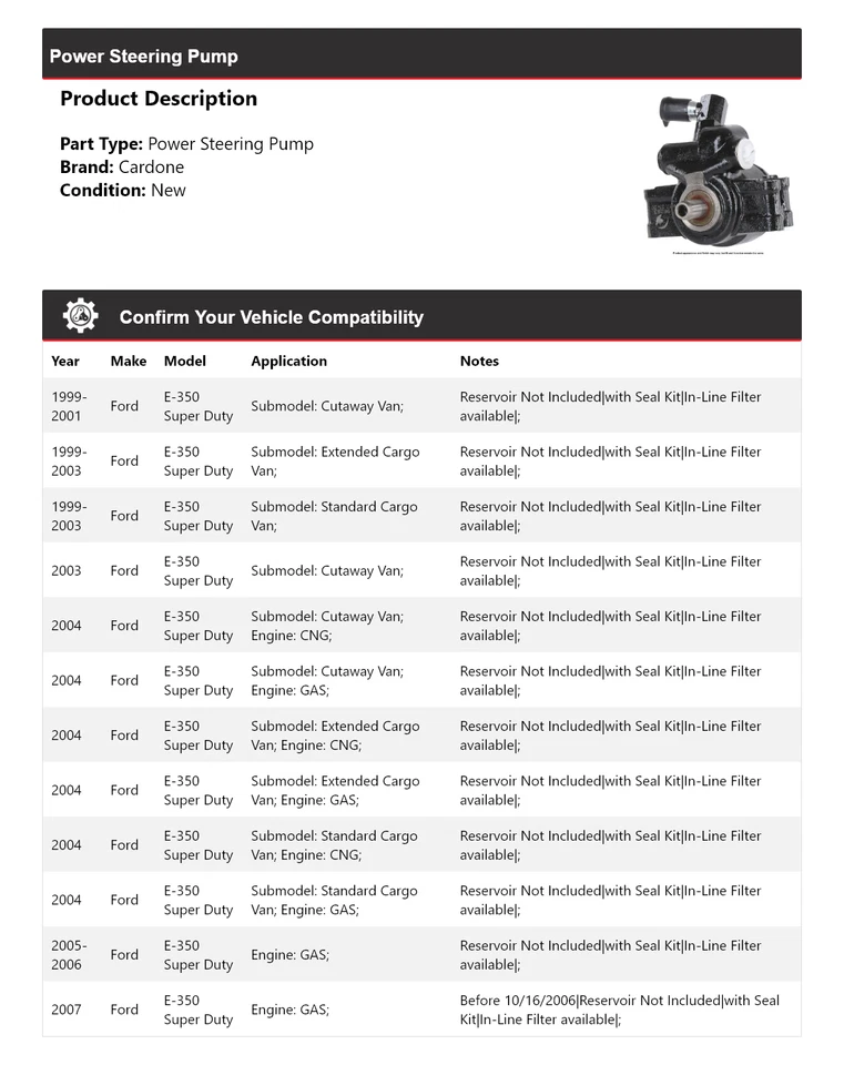 For 1999-2007 Ford E-350 Super Duty Power Steering Pump Cardone 2000 2001 2002 - Image 2 of 4
