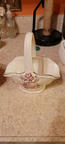 Vintage Porcelain Roses Basket Vase Applied & Embossed Roses Gold Trim - Picture 1 of 1