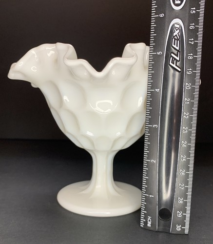 Vintage Fenton Milk Glass Compote Thumbprint Pedestal Candy Bowl White 5” Ruffle - Picture 5 of 10