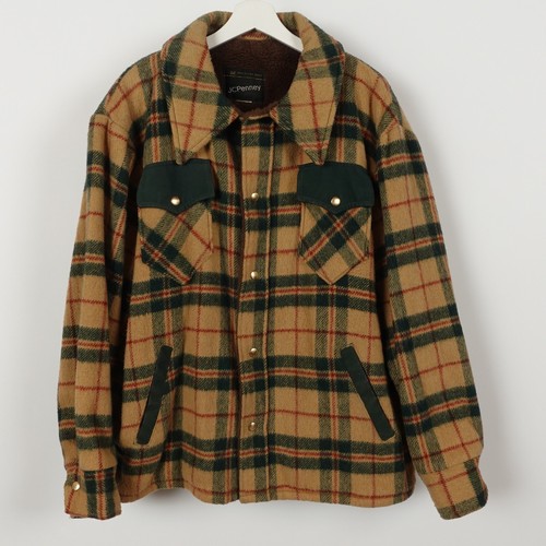 Vintage 70s JC Penny Wool Snap Button Coat Jacket Sherpa Lined Plaid Men's XL